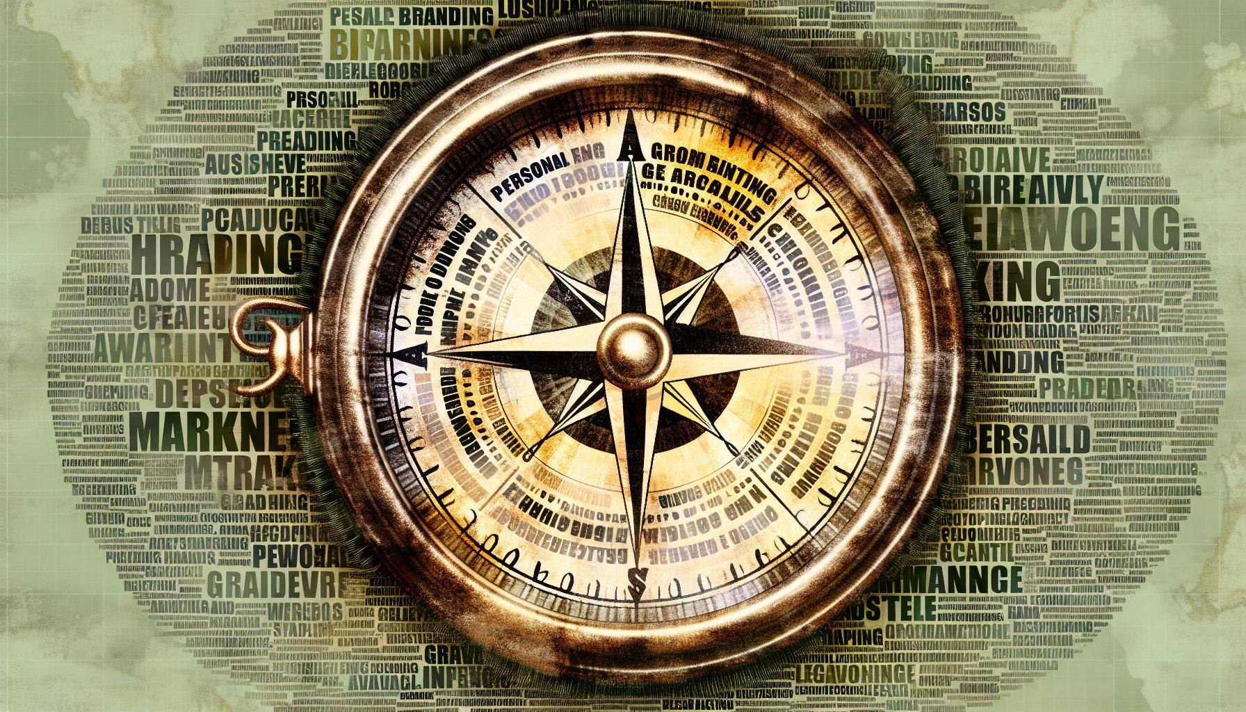 An image of a compass with the words Personal Branding, Growth Hacking on it, surrounded by words related to marketing strategies and techniques
